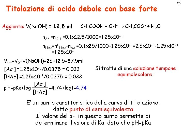 Titolazione di acido debole con base forte Aggiunta: V(Na. OH) = 12. 5 ml