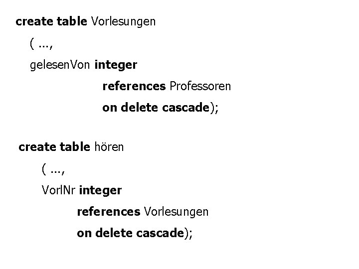 create table Vorlesungen (. . . , gelesen. Von integer references Professoren on delete