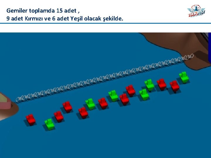 Gemiler toplamda 15 adet , 9 adet Kırmızı ve 6 adet Yeşil olacak şekilde.