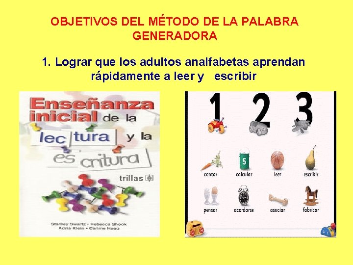 OBJETIVOS DEL MÉTODO DE LA PALABRA GENERADORA 1. Lograr que los adultos analfabetas aprendan