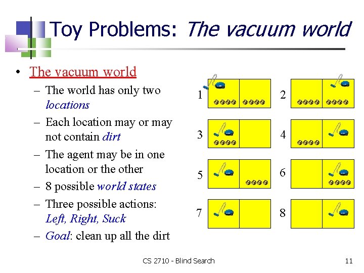 Toy Problems: The vacuum world • The vacuum world – The world has only