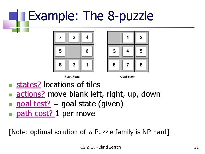 Example: The 8 -puzzle states? locations of tiles actions? move blank left, right, up,