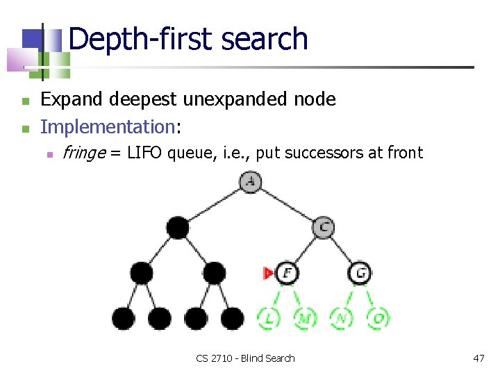 Depth-first search Expand deepest unexpanded node Implementation: fringe = LIFO queue, i. e. ,