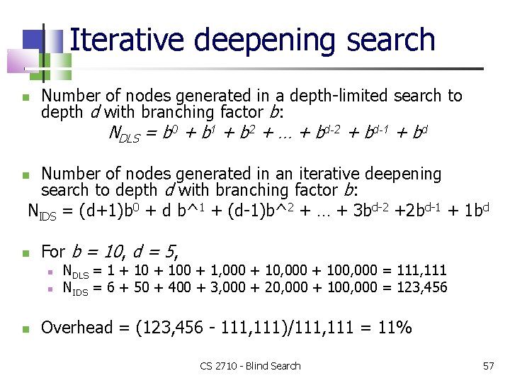 Iterative deepening search Number of nodes generated in a depth-limited search to depth d