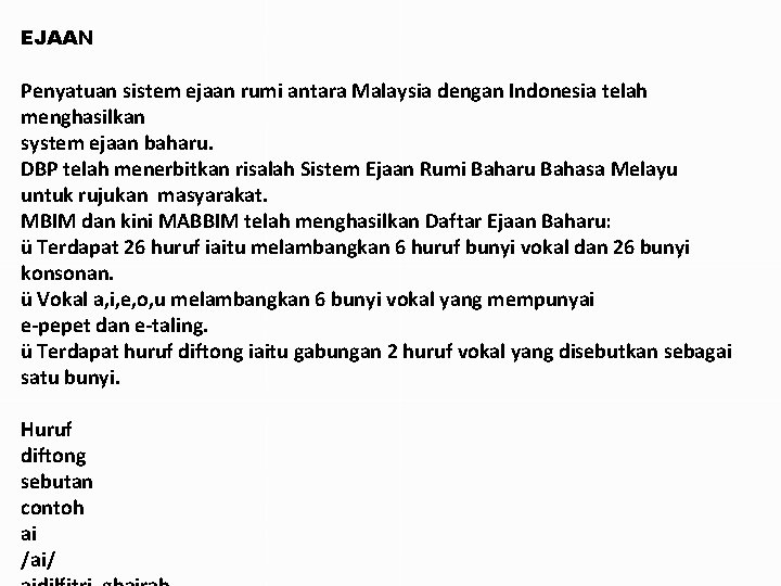 EJAAN Penyatuan sistem ejaan rumi antara Malaysia dengan Indonesia telah menghasilkan system ejaan baharu.