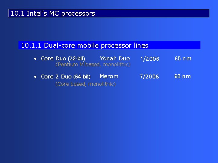 10. 1 Intel’s MC processors 10. 1. 1 Dual-core mobile processor lines • Core