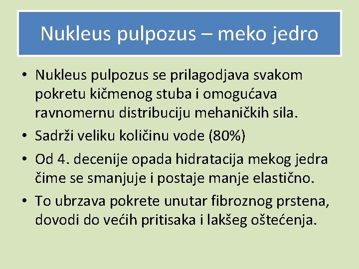 Nukleus pulpozus – meko jedro • Nukleus pulpozus se prilagodjava svakom pokretu kičmenog stuba