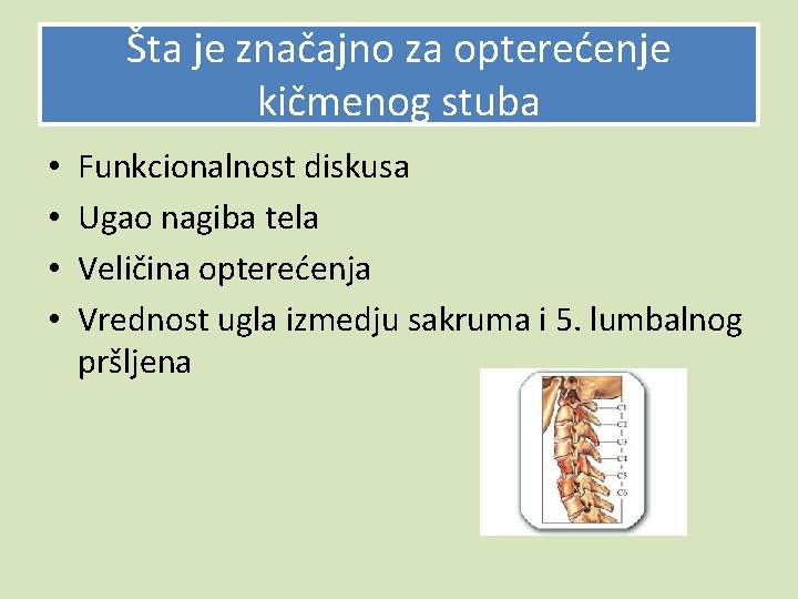 Šta je značajno za opterećenje kičmenog stuba • • Funkcionalnost diskusa Ugao nagiba tela