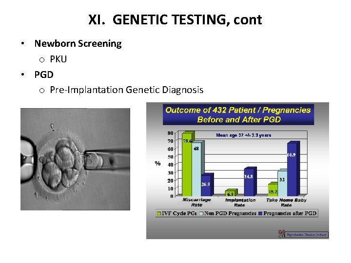 XI. GENETIC TESTING, cont • Newborn Screening o PKU • PGD o Pre-Implantation Genetic