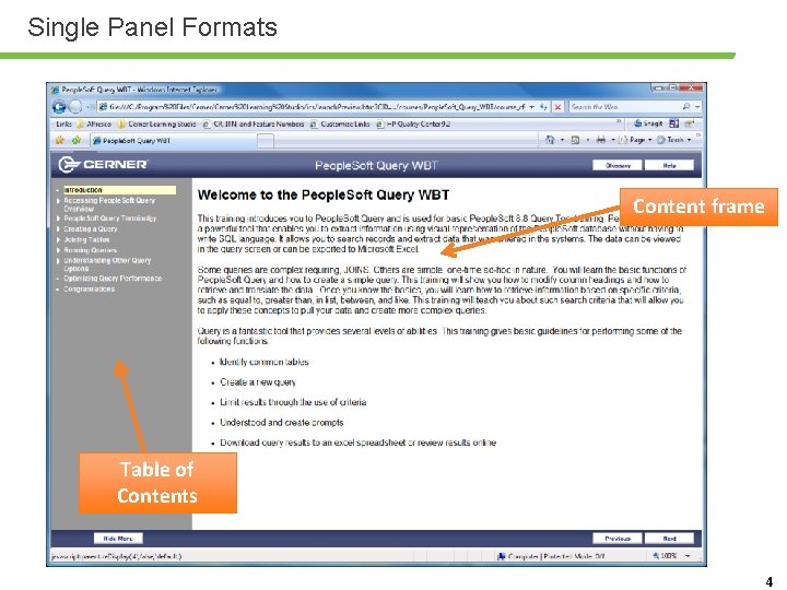 Single Panel Formats Content frame Table of Contents 4 