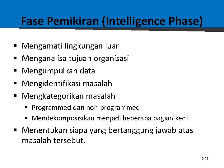 Fase Pemikiran (Intelligence Phase) § § § Mengamati lingkungan luar Menganalisa tujuan organisasi Mengumpulkan