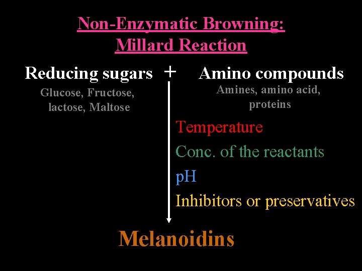 Non-Enzymatic Browning: Millard Reaction Reducing sugars Glucose, Fructose, lactose, Maltose + Amino compounds Amines,