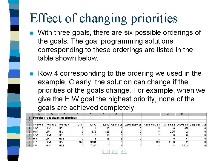 Effect of changing priorities n With three goals, there are six possible orderings of