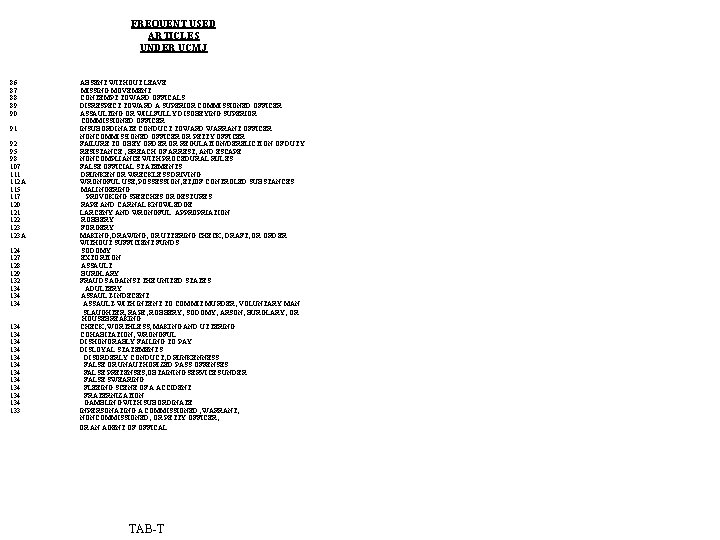 FREQUENT USED ARTICLES UNDER UCMJ 86 87 88 89 90 ABSENT WITHOUT LEAVE MISSING