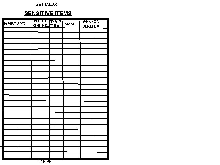BATTALION SENSITIVE ITEMS NAME/RANK BATTLE NVG’S ROSTER#SER # TAB-BB MASK WEAPON SERIAL # 
