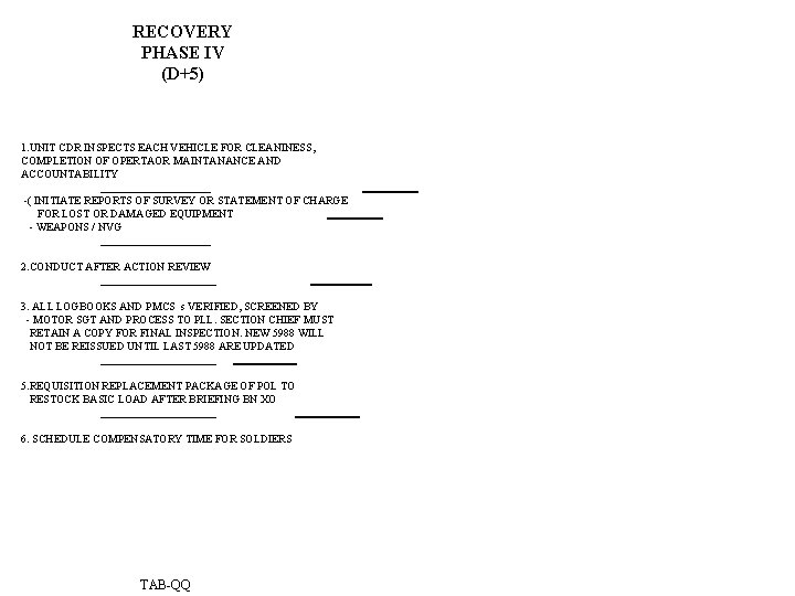 RECOVERY PHASE IV (D+5) 1. UNIT CDR INSPECTS EACH VEHICLE FOR CLEANINESS, COMPLETION OF