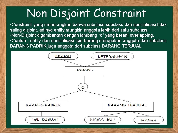 Non Disjoint Constraint • Constraint yang menerangkan bahwa subclass-subclass dari spesialisasi tidak saling disjoint,
