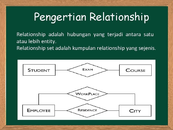 Pengertian Relationship adalah hubungan yang terjadi antara satu atau lebih entity. Relationship set adalah