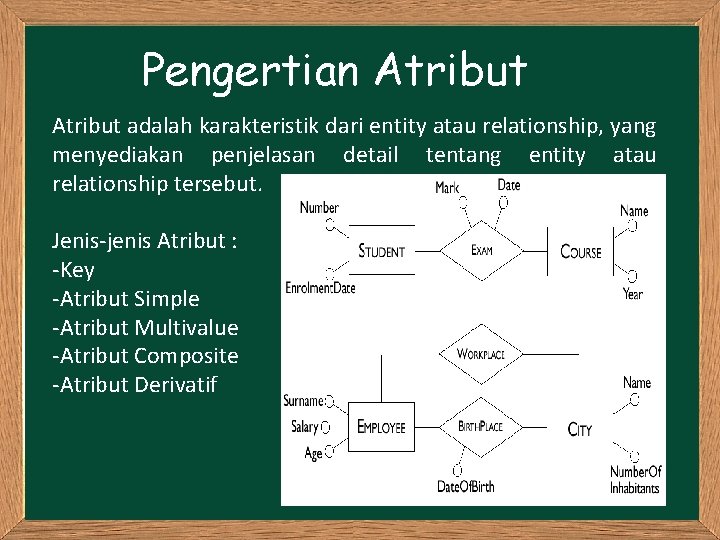 Pengertian Atribut adalah karakteristik dari entity atau relationship, yang menyediakan penjelasan detail tentang entity