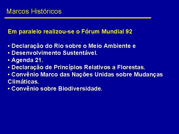 Marcos Históricos Em paralelo realizou-se o Fórum Mundial 92 • Declaração do Rio sobre