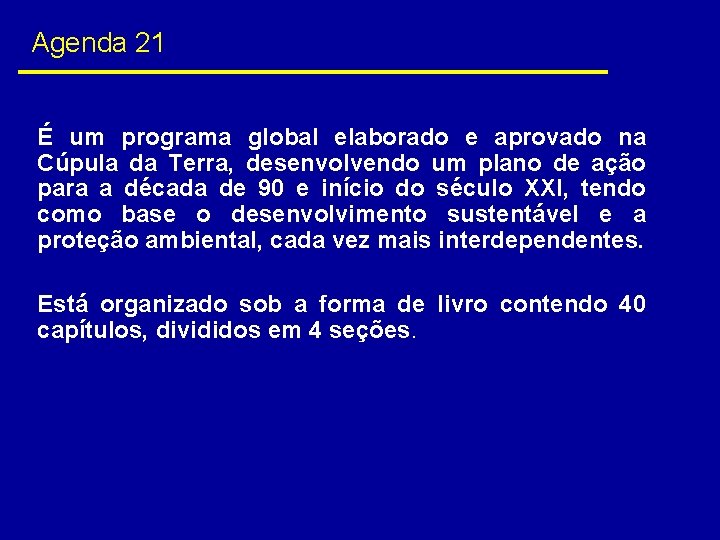 Agenda 21 É um programa global elaborado e aprovado na Cúpula da Terra, desenvolvendo