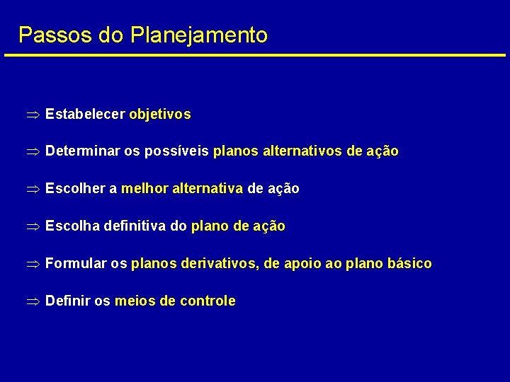 Passos do Planejamento Þ Estabelecer objetivos Þ Determinar os possíveis planos alternativos de ação