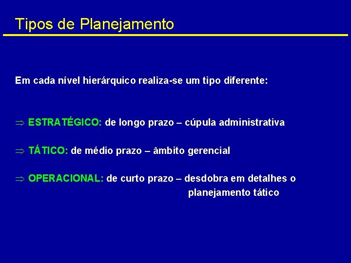 Tipos de Planejamento Em cada nível hierárquico realiza-se um tipo diferente: Þ ESTRATÉGICO: de