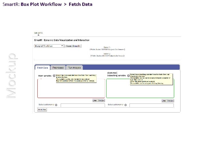 Mockup Smart. R: Box Plot Workflow > Fetch Data Main variable (Optional) Subsetting variable