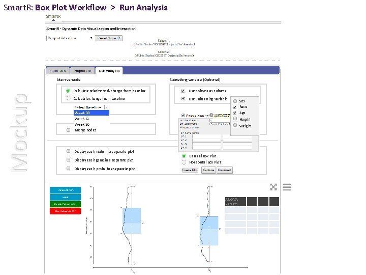 Smart. R: Box Plot Workflow > Run Analysis Mockup Main variable Subsetting variable (Optional)