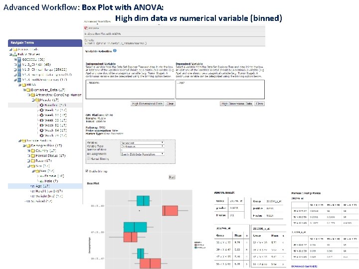 Advanced Workflow: Box Plot with ANOVA: High dim data vs numerical variable (binned) 