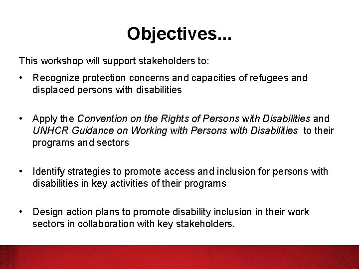 Objectives. . . This workshop will support stakeholders to: • Recognize protection concerns and