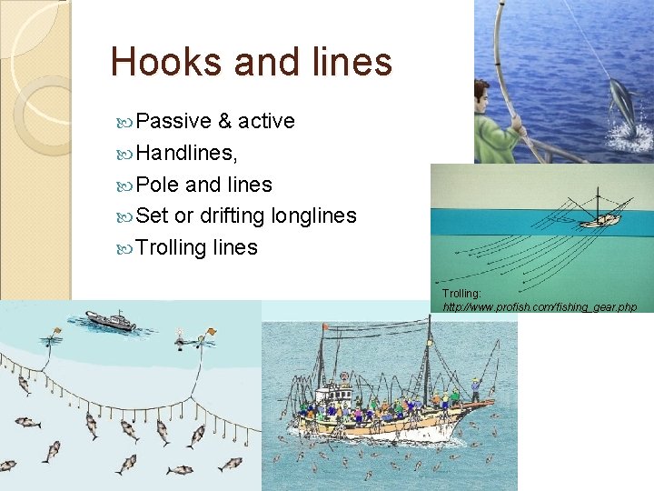 Hooks and lines Passive & active Handlines, Pole and lines Set or drifting longlines Hooks and lines Passive & active Handlines, Pole and lines Set or drifting longlines