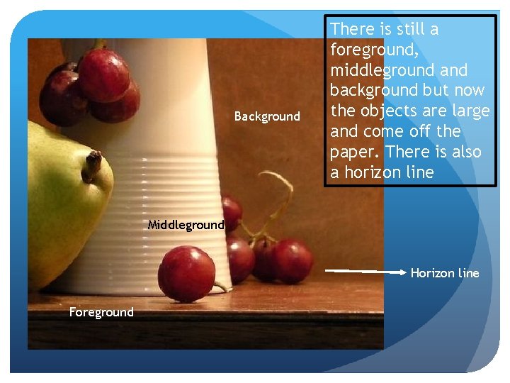 Background There is still a foreground, middleground and background but now the objects are Background There is still a foreground, middleground and background but now the objects are
