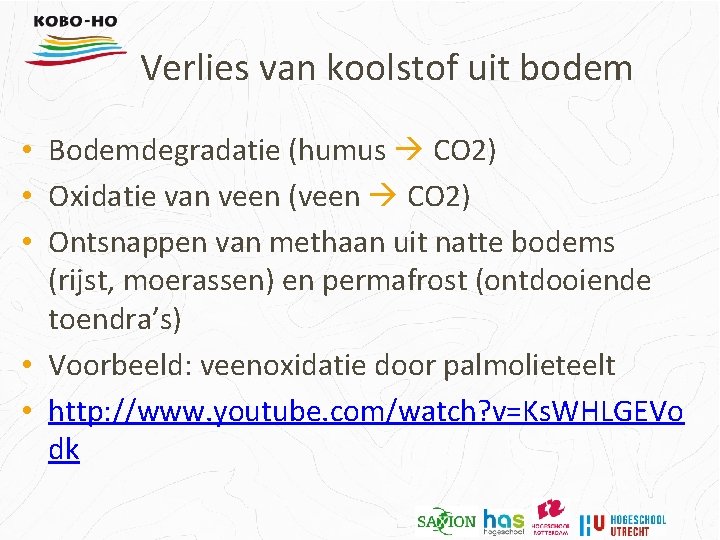 Verlies van koolstof uit bodem • Bodemdegradatie (humus CO 2) • Oxidatie van veen