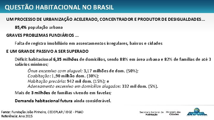 QUESTÃO HABITACIONAL NO BRASIL UM PROCESSO DE URBANIZAÇÃO ACELERADO, CONCENTRADOR E PRODUTOR DE DESIGUALDADES.