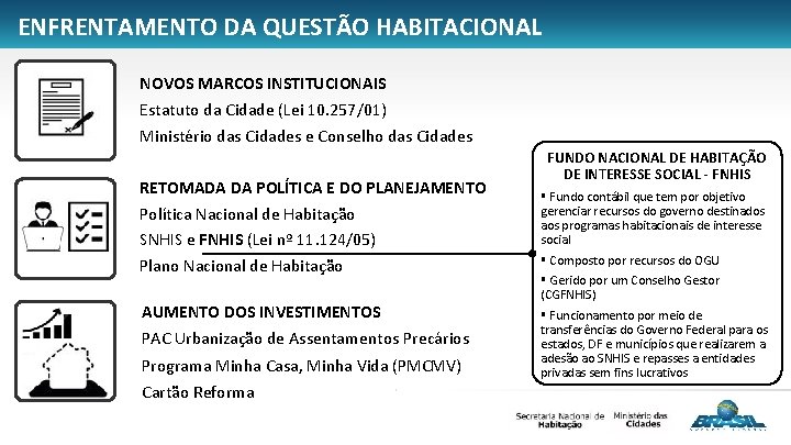 ENFRENTAMENTO DA QUESTÃO HABITACIONAL NOVOS MARCOS INSTITUCIONAIS Estatuto da Cidade (Lei 10. 257/01) Ministério