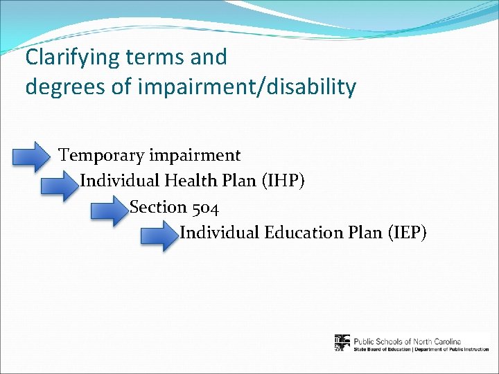 Clarifying terms and degrees of impairment/disability Temporary impairment Individual Health Plan (IHP) Section 504