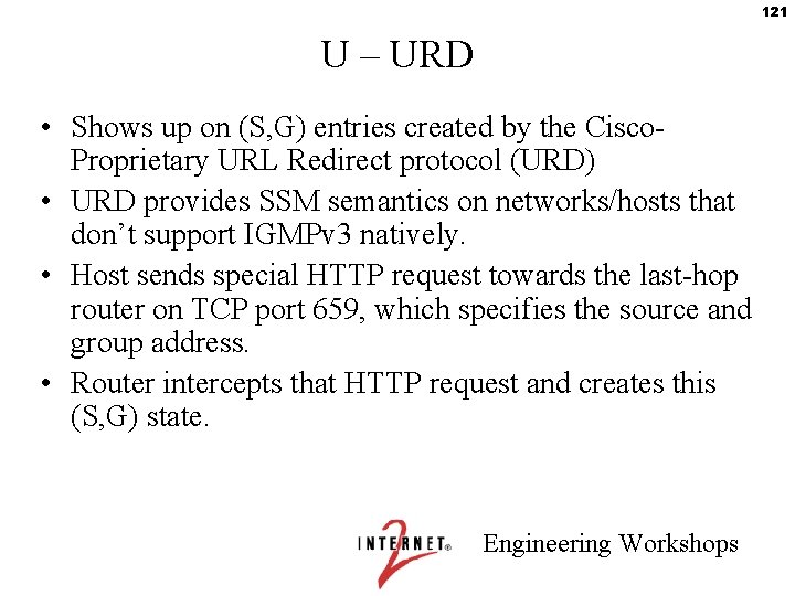 121 U – URD • Shows up on (S, G) entries created by the