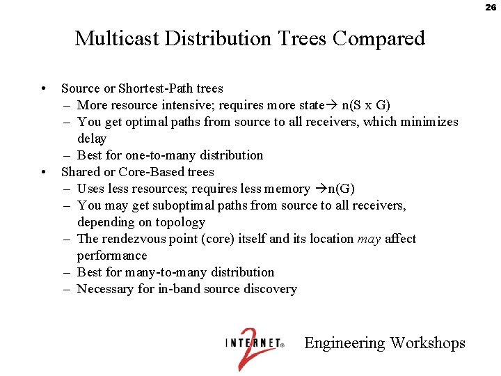 26 Multicast Distribution Trees Compared • • Source or Shortest-Path trees – More resource