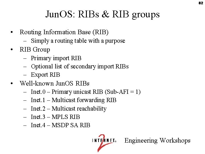 82 Jun. OS: RIBs & RIB groups • Routing Information Base (RIB) – Simply