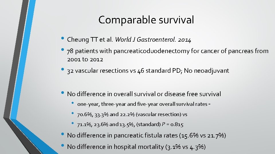 Comparable survival • Cheung TT et al. World J Gastroenterol. 2014 • 78 patients