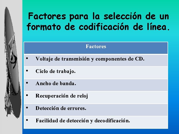 Factores para la selección de un formato de codificación de línea. Factores • Voltaje