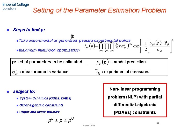 Setting of the Parameter Estimation Problem n Steps to find p: n. Take experimental