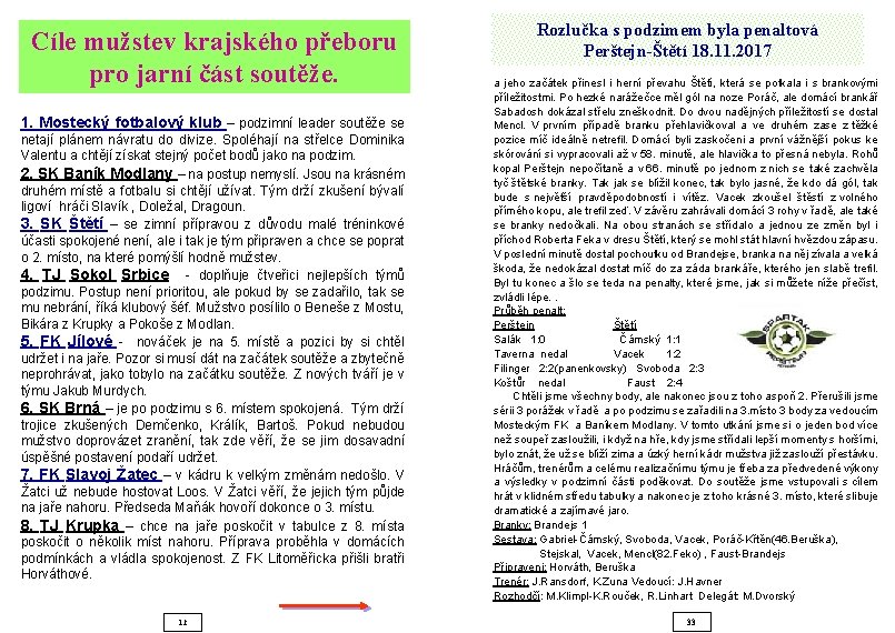 Cíle mužstev krajského přeboru pro jarní část soutěže. 1. Mostecký fotbalový klub – podzimní