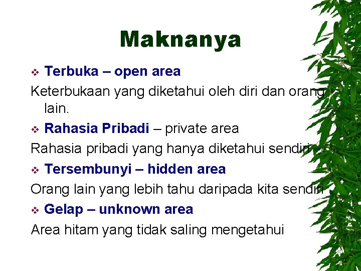 Maknanya Terbuka – open area Keterbukaan yang diketahui oleh diri dan orang lain. v