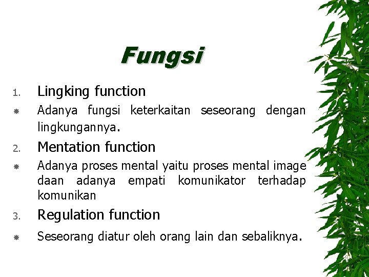 Fungsi 1. 2. Lingking function Adanya fungsi keterkaitan seseorang dengan lingkungannya. Mentation function Adanya