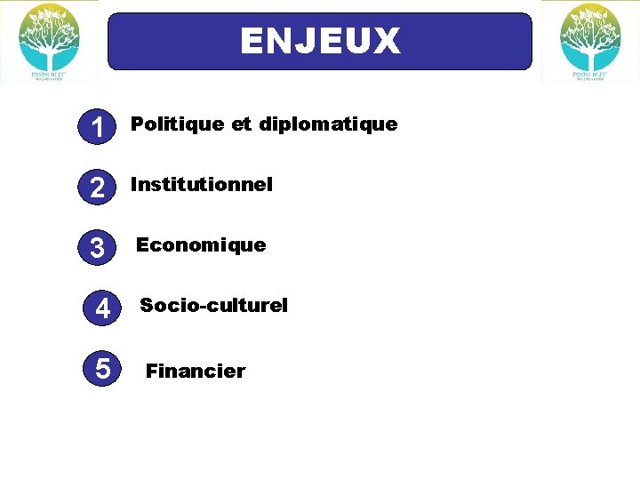 ENJEUX 1 Politique et diplomatique 2 Institutionnel 3 Economique 4 Socio-culturel 5 Financier 