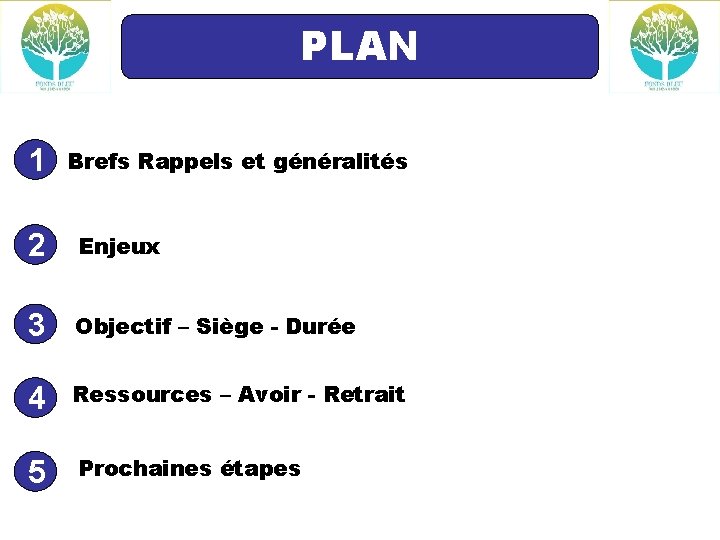 PLAN 1 Brefs Rappels et généralités 2 Enjeux 3 Objectif – Siège - Durée