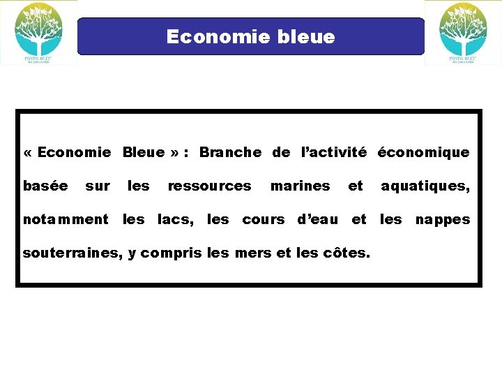 Economie bleue « Economie Bleue » : Branche de l’activité économique basée sur les