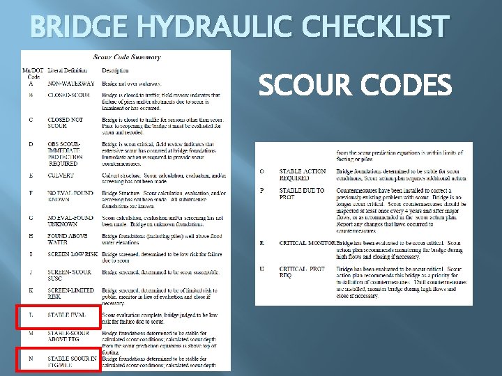 BRIDGE HYDRAULIC CHECKLIST SCOUR CODES 